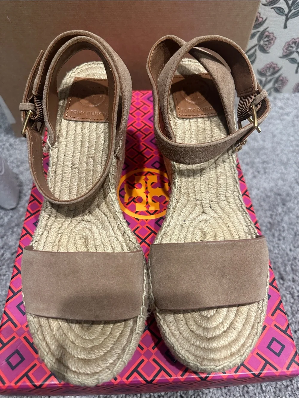 Tory Burch Tan Suede Espadrille Wedge Sandals with Ankle Strap